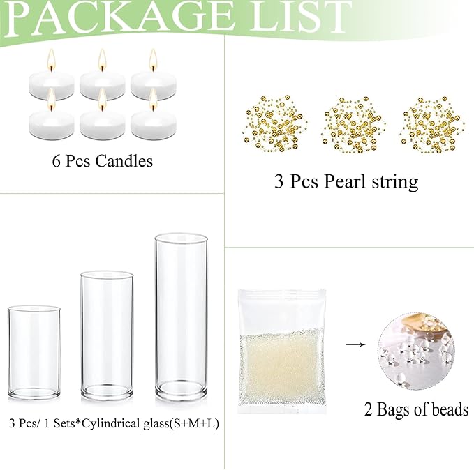 Set of 3 Glass Cylinder Vases for Centerpieces with 2 Pack Vase Filler 3 Pearl String 6 White Floating Candles for Centerpieces, Table Center Pieces for Wedding Party Home Decor 5, 6, 8 Inch