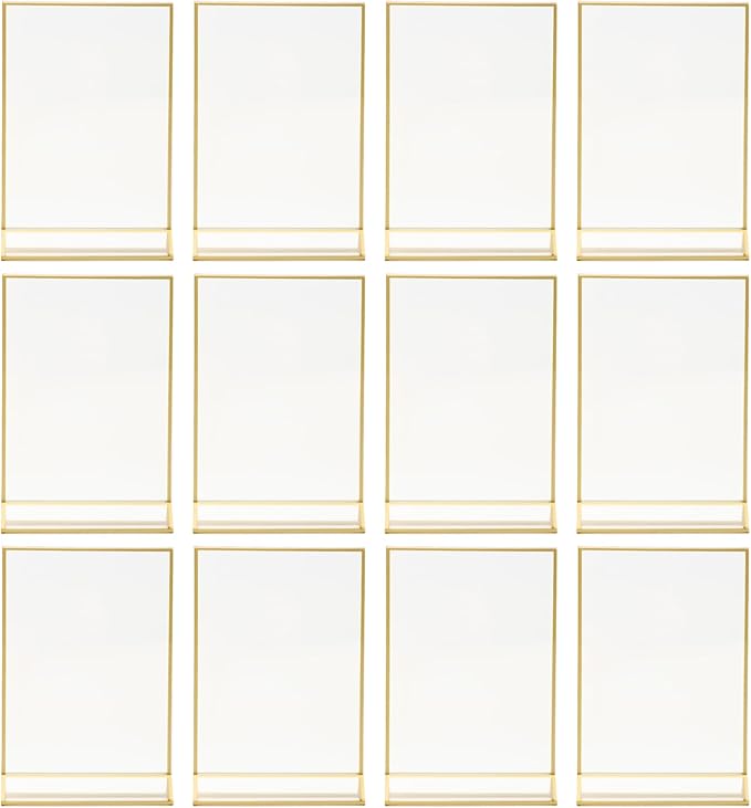 12 Pack Gold Acrylic Sign Holder 5 x 7 inch, Double Sided Gold Picture Frame Stand up Table Top Sign Holders, Wedding Table Number Frames Vertical for Party, Home, Office(5 x 7inch)