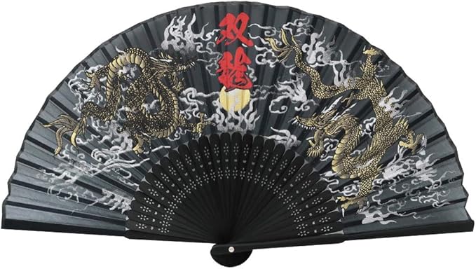 Terra Distribution Folding Fan [Japan Import] Hand Fans for Women Foldable, Japanese Fan, Unique Design, Handmade Bamboo, Silk Fan, 8.6" (22cm), Abanicos de Mano (554 (Double Dragon))