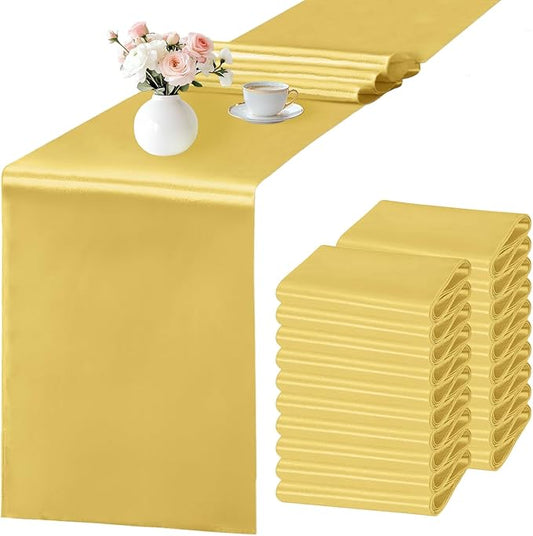 SHEJIZE 20 Pack Light Gold Satin Table Runner 12x108 Inches Long, Bright Silky Smooth Satin Table Runner Table Decor for Wedding Banquet Christmas Prom Event Birthday Party