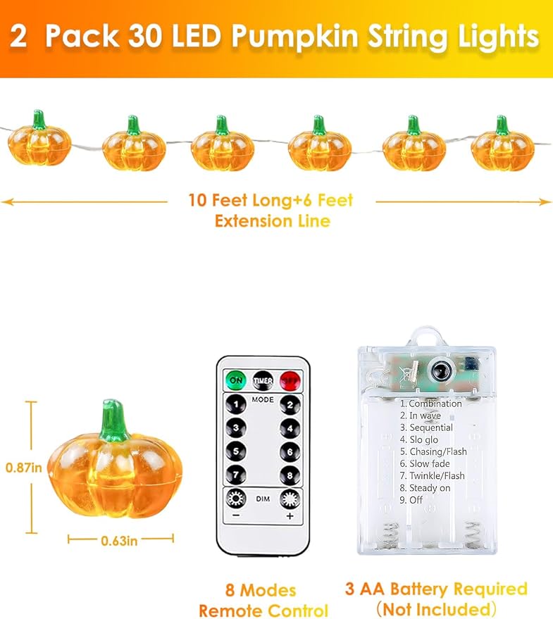 BOSSERN 2 Pack 60LED Thanksgiving Decoration 3D Pumpkin String Lights Battery Operated, 20FT Fall Lights with Remote, Waterproof 8 Modes Fairy Lights for Autumn Harvest Thanksgiving Halloween Decor