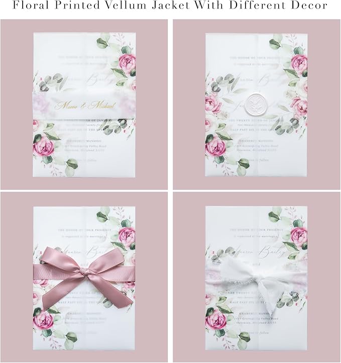PONATIA 50 PCS Vellum Jackets for 5x7 Invitation Cards - Dusty Rose Flowers Vellum Sleeves, Transparent Gift Card Jackets