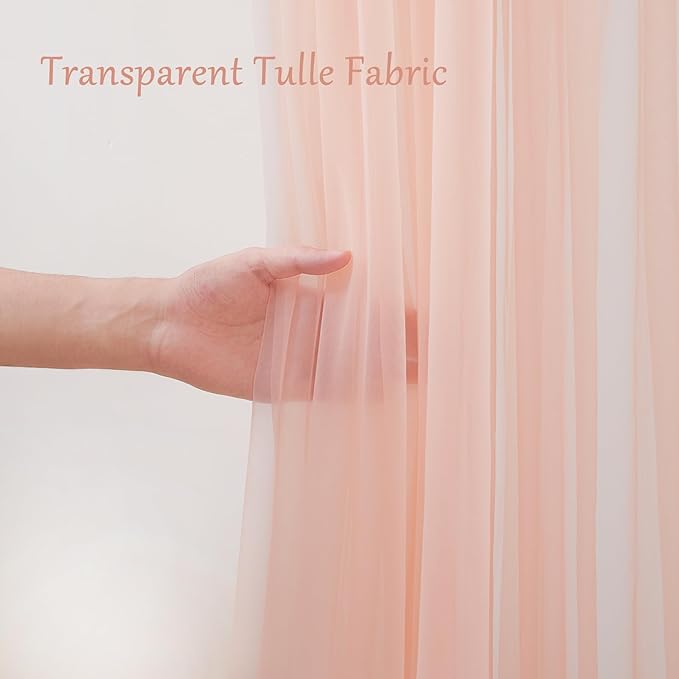 10×10ft Peach Tulle Backdrop Curtain with Lights String for Parties, Sheer Photo Curtain Backdrop Drapes for Wedding Party Photography Backgrounds
