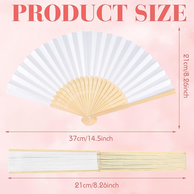 12 Pieces White Hand Held Bamboo Folding Fans Paper Fans Handheld for Women Foldable Girls Wedding Decoration Church Home Party Favors Summer