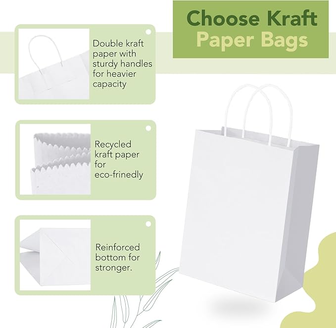 MESHA 100 Pack White Gift Bags 8x4.25x10.5 Inch Kraft Paper Bags with Handles Bulk Craft Bag Medium Size for Wending Birthday Party Favor Retail Merchandise Bag