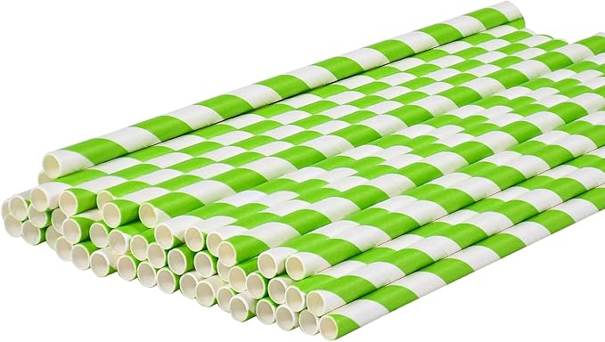 7.75'' x 0.24'' Disposable Party & Daily Paper Drinking Straws Green White Striped 100 Counts - Biodegradable & Compostable