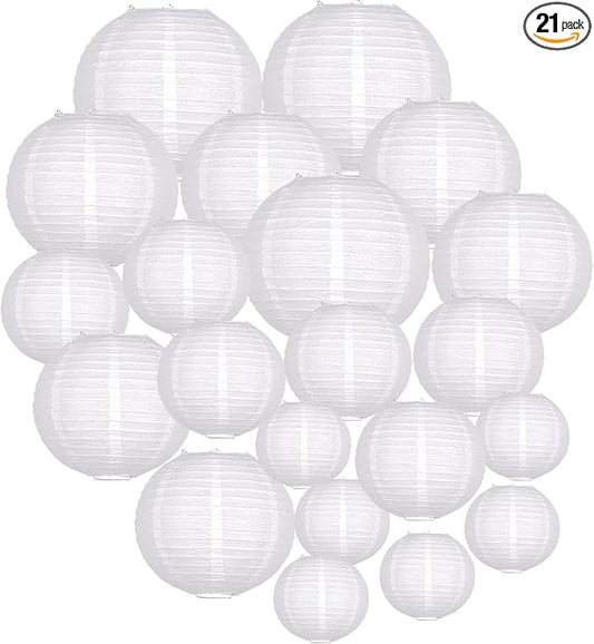 ADLKGG White Paper Lanterns Party Decorative, White Round Hanging Paper Lanterns Decorations for Graduation Wedding Engagement Birthday Party Decorations, 21pcs