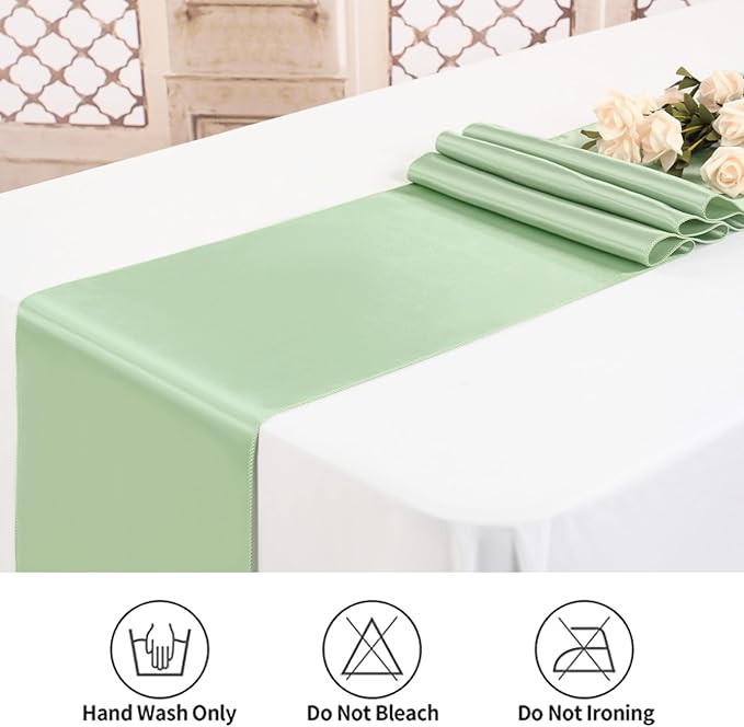 12 Pack Sage Green Satin Table Runner,12 x 108 inch Long Premium Smooth Table Runner for Wedding, Banquets, Birthday, Party, Graduation, Engagements, Table Runners fit Rectangle and Round Table