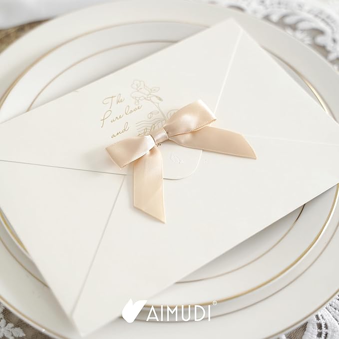 AIMUDI Small Champagne Christmas Bows 2.5" Premade Satin Ribbon Twist Tie Bows for Treat Bags Mini Bows for Christams Tree Ornaments Ribbon for Cake Pops Bows for Wedding Decor Gift Wrap- 50 Counts