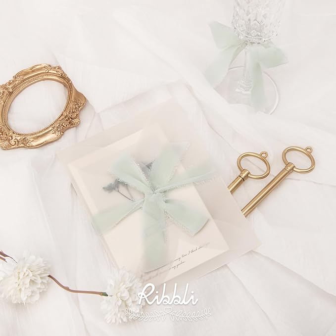 Ribbli Creamy Sage Ribbon 1 Inch x 3 Rolls Total 24 Yards Light Green Handmade Fringe Chiffon Silk Ribbon for Wrapping Wedding Invitations Bridal Bouquets DIY Crafts Home Decor