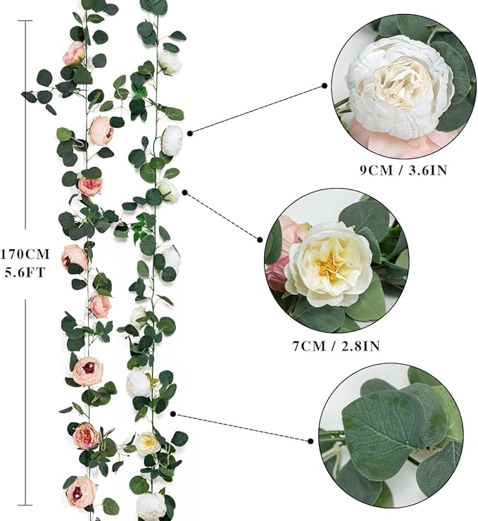 Floweroyal 2 Pack Artificial Flower Garlands 11.2FT Eucalyptus Garlands with Flowers 8 Head Peony Flower Vine Faux Floral Garland for Wedding Arch Table Wall Backdrop Wreath Decoration. (Pink & White)