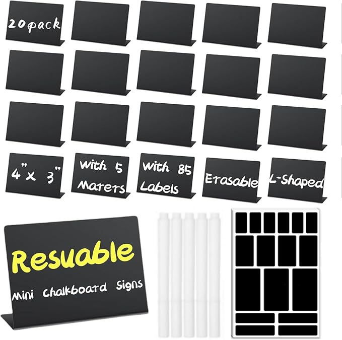 20 Pack Food Labels for Party Buffet - 4"x3" Reusable Chalkboard Buffet Signs for Food Display, Mini Tabletop Chalk Board for Catering Wedding Birthday, with 5 Markers and 85 Labels
