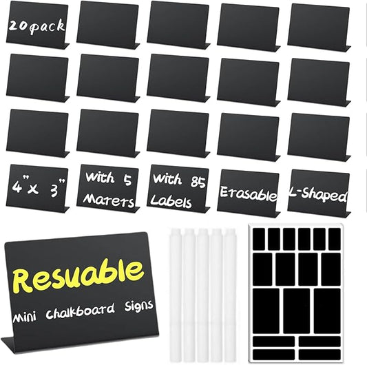 20 Pack Food Labels for Party Buffet - 4"x3" Reusable Chalkboard Buffet Signs for Food Display, Mini Tabletop Chalk Board for Catering Wedding Birthday, with 5 Markers and 85 Labels