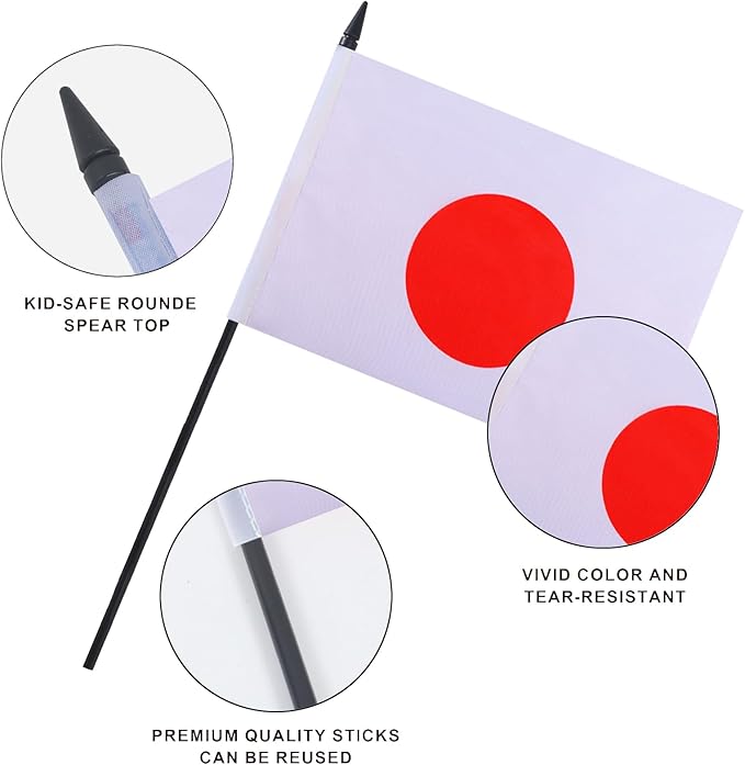 Japan Desk Flag 12" Solid Pole Deluxe Set Japanese Flags Banner Mini Small Japan Office Table Flags with Black Stand Base Desktop Decorations(2Pack)