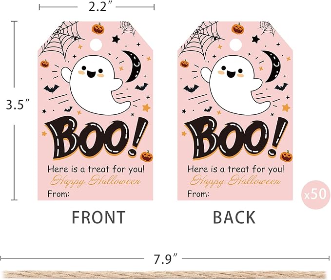 Aukolass 50Pcs Boo Gift Tags, Halloween Treat Tag for Spooky Girl Ghost Party Favor and Gift Wrapping Decoration (Pink Boo)