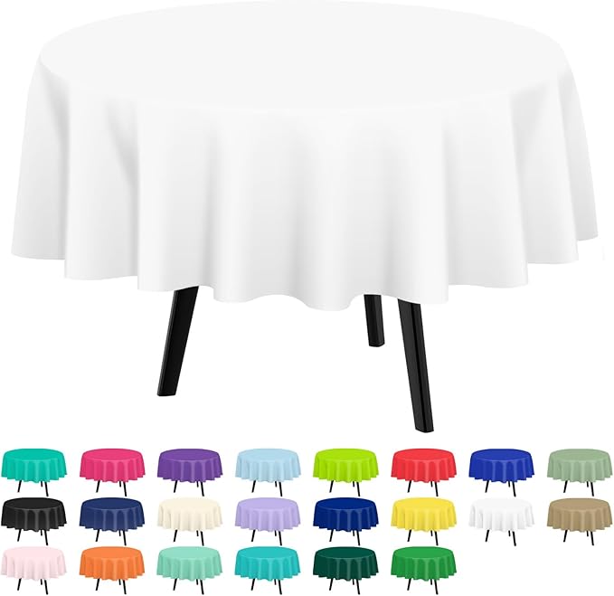 QIKSION White Round Tablecloth 3 Pack, 84 Inch Plastic Table Cover Disposable for Parties