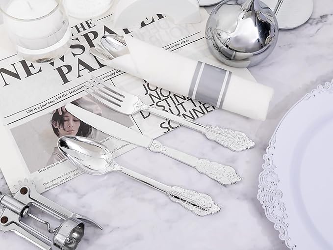 400PCS Pre Rolled Silver Plastic Silverware Sets - Heavy Duty Fancy Silver Cutlery - Include 100 Pack Wrapped Disposable Utensils with Napkins for Parties, Dinners & Weddings