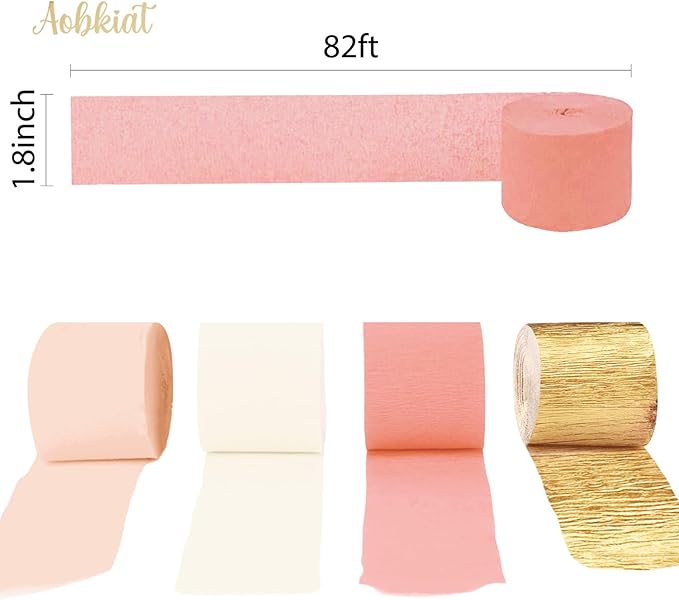 AOBKIAT Wedding Party Decorations, 8 Rolls Pink Gold Crepe Paper Streamers for Wedding, Bachelorette, Birthday, Baby Bridal Shower, Valentines Day Party Backdrop Decorations, 82ft Long