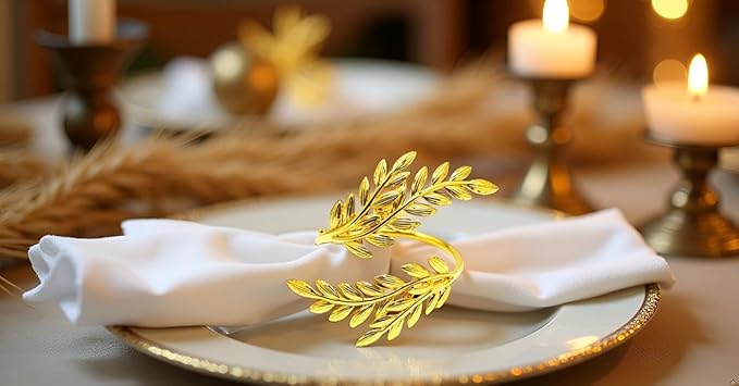 Gold Leaf Napkin Rings Set of 6,Metal Wheat Leaf Napkin Rings for Party Decoration, Dinning Table and Daily Use (Leaf 6pcs)