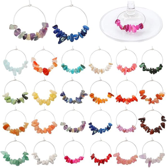 Pride & Par 24 Pcs Nature Gemstone Beads Glass Charms for Stem Glasses, Wine Glass Decoration for Weddings, Parties
