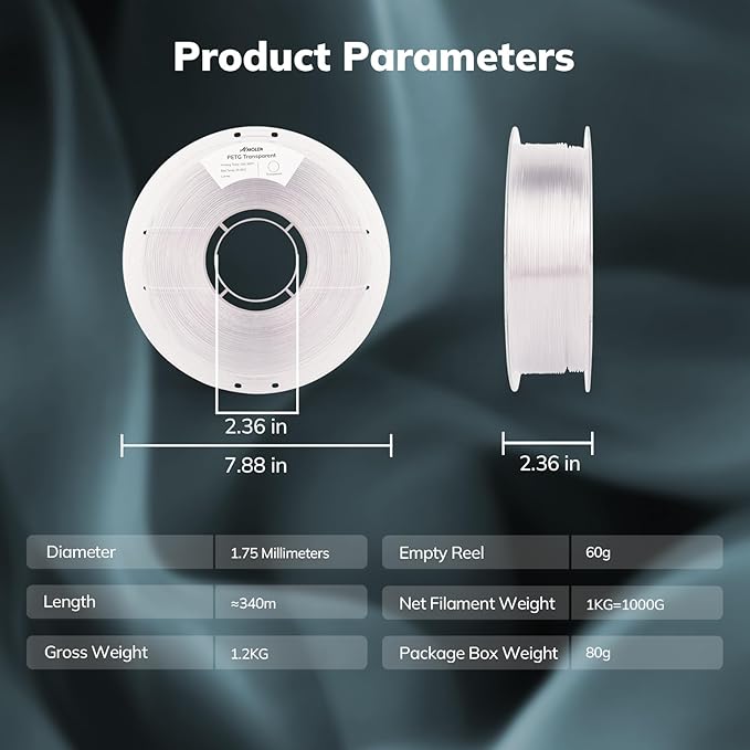 AMOLEN Rapid PETG Transparent 3D Printer Filament 1.75mm +/-0.02mm,Transcucent petg500mm/s High Speed Strong Toughness Clear White Color 1KG/2.2lb