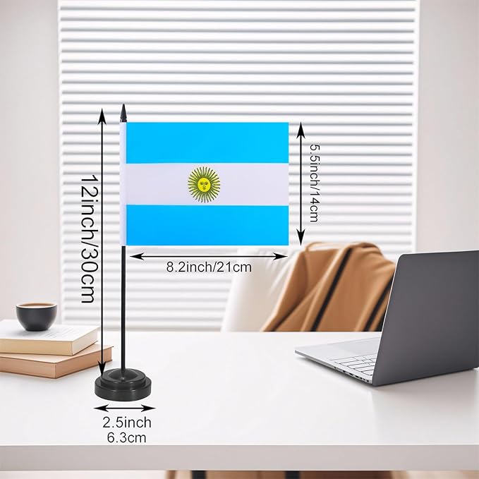 Argentina Desk Flag 12" Solid Pole Deluxe Set Argentinian Flags Banner Mini Small Argentina Office Table Flags with Black Stand Base Desktop Decorations(2Pack)
