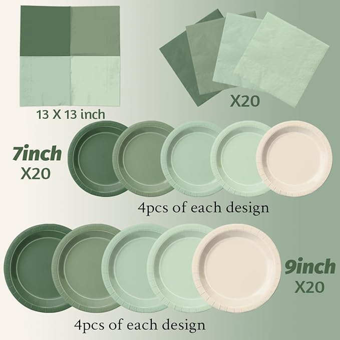 CMUSKO Sage Green Baby Shower Decorations - 60pcs Gradient Plates & Napkins Kit - Party Supplies for Birthday,Wedding