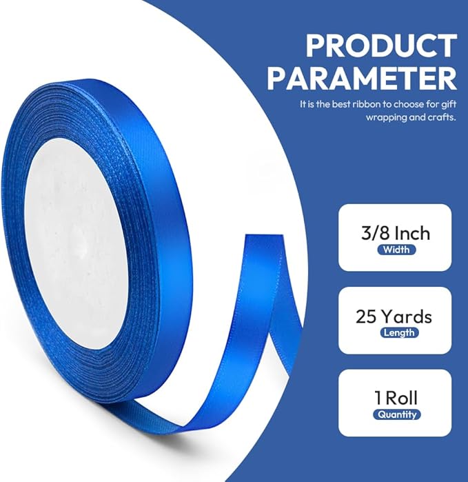 3/8" x 25 Yards Satin Ribbon, Royal Blue Silk Ribbon Ideal for Gift Wrapping, Floral Bouquets, Crafts, Wedding Party Decorations, Christmas and Sewing Projects