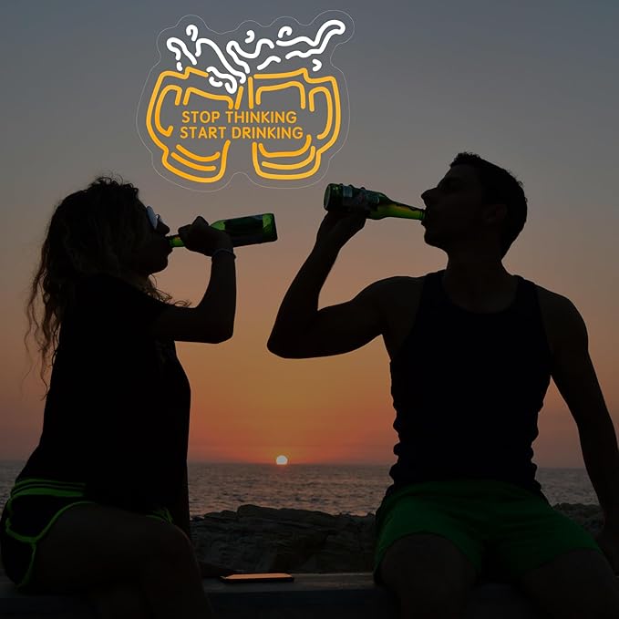 Stop Thinking Start Drinking Neon Sign for Wall Decor, Dimmable Two Beers Cheers Neon Lights with USB Powered Light up Sign for Home Bar Man Cave Party Club Restaurant