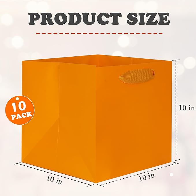 ADIDO EVA Orange Square Gift Bags Medium Size Square Bottom Paper Bags with Handles for Party Favor, Shopping Bag (10x10x10 In, 10 CT)