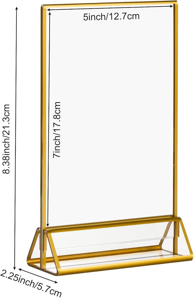 6 Pack Acrylic Sign Holder with Gold Borders, 5x7'' Double-Sided Menu Stands Clear Picture Frames for Restaurant Menu Signs, Wedding Table Numbers, Exhibition & Art Display
