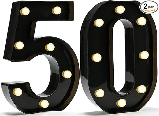Pooqla Decorative Led Light Up Number Letters, Black Plastic Marquee Number Lights Sign for 50th Birthday Party Wedding Decor Battery Operated Black Decoration 50