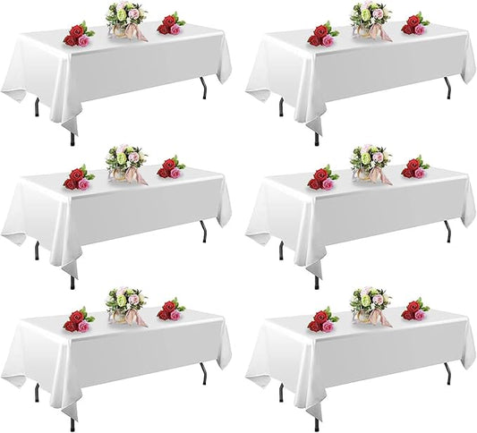 6 Pack White Table Cloth Rectangle Table 60 x 84 Inch Tablecloths for 6 Foot Rectangle Tables. Stain and Winkle Resistant Polyester Washable WhiteTable Cloths for Parties Wedding Dining