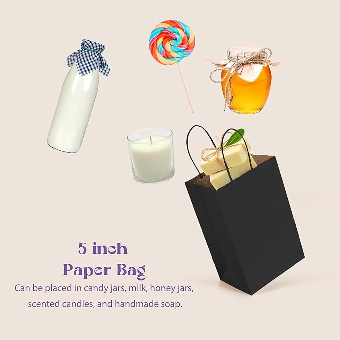MESHA Gift Paper Bags 300 PACK 5.25x3.75x8'' Black Small Shopping Kraft Bags Bulk with Handles Reusable for Business,Grocery,Birthday,Wedding,Kids Party,Favors