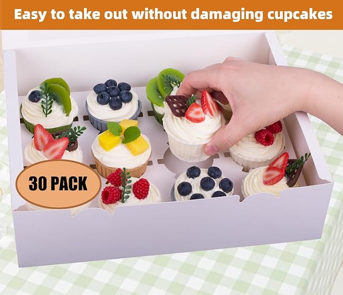 30-Set Cupcake Boxes Hold 12 Standard Cupcakes, Food Grade Cupcake Holders Bakery Carrier Boxes with Windows and Inserts for Cupcakes, Muffins and Pastries (White-30 Pack)
