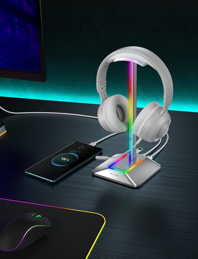 New bee RGB Headphone Stand with 1 USB-C Charging Port and 1 USB Charging Port, Desk Gaming Headset Stand with 7 Light Modes and Non-Slip Rubber Base Suitable for All Earphone Accessories (Silver)