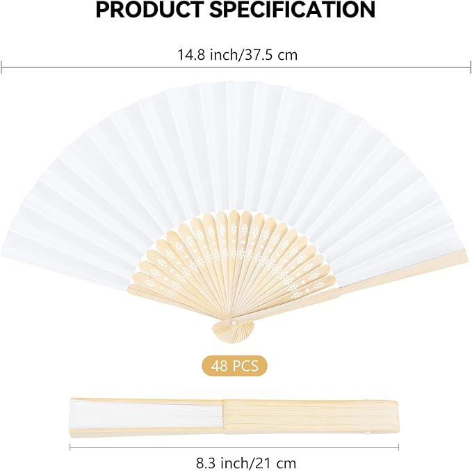 Aneco 48 Pieces Handheld Paper Fans Paper Folding Fans with Bamboos for Wedding Gift, Party, Home, DIY, White