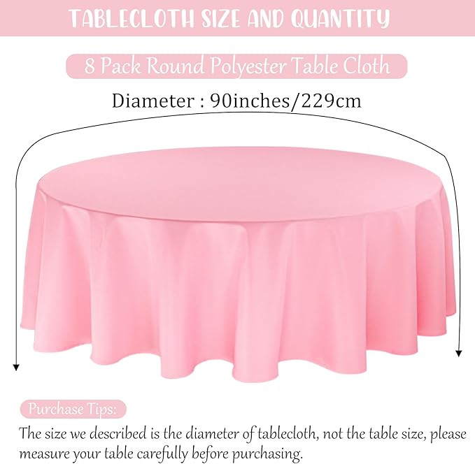8 Pack Premium Round Tablecloth 90 Inch Pink Round Table Covers Bulk Washable Polyester Fabric Round Table Clothes for Wedding Party Reception Banquet Buffet Restaurant (Pink, 90 Inch)