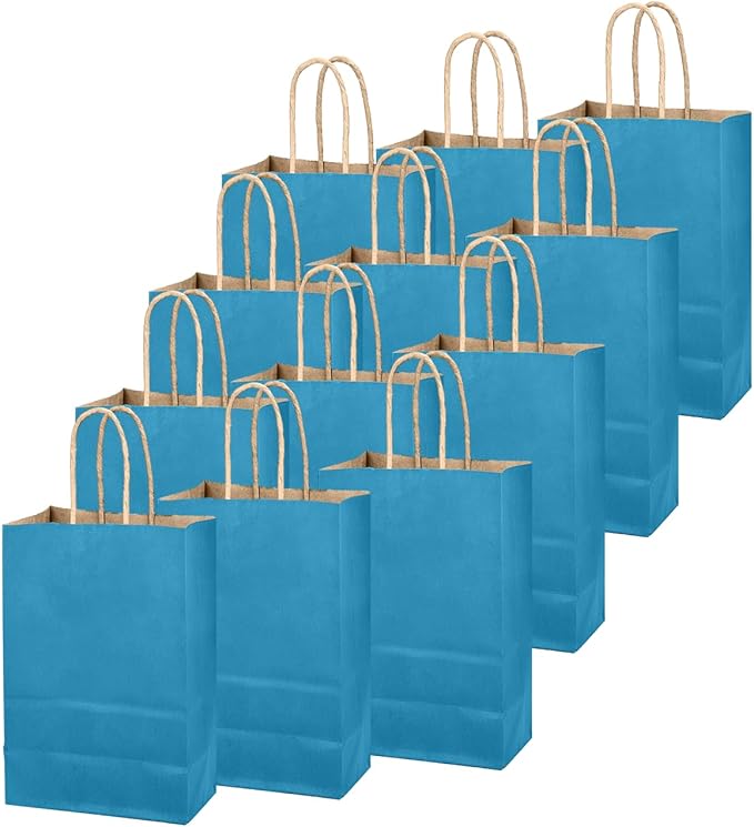 qiqee Ice Blue Gift Bag with Handles Bulk 24Pcs Paper Bags -8.3"x6"x3. 15" Party Favor Bags - Solid Color