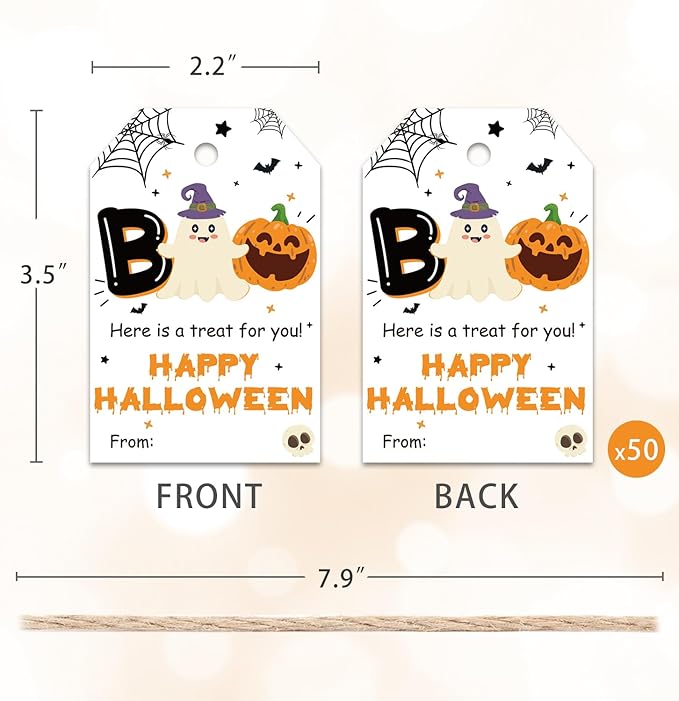 50pcs Boo Halloween Favor Tags, Halloween Class Gift Tags for Spooky Ghost Party Favor and Gift Wrapping Decoration (Happy)
