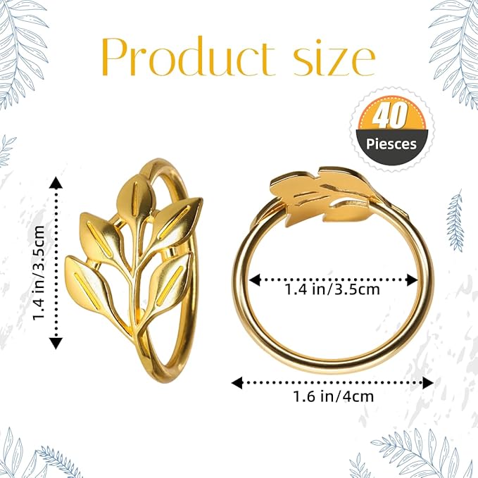 40 Pcs Leaf Napkin Rings Set, Metal Napkins Rings Holders Bulk for Cloth Napkins Table Adornment for Wedding, Birthday, Thanksgiving, Christmas, Banquet, Dinning Table Decorations