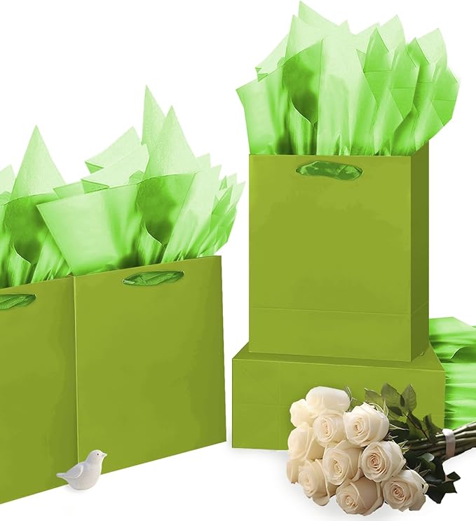 Gcardist Emerald Green Gift Bags with Tissue Paper for Wedding, Birthday, Party Supplies - 7.9"x4.3"x9.6" Medium Size Cardboard Gift Bags (16pcs + 32pcs Tissue Paper)
