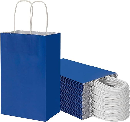 50 Pack 5.25x3.25x8.25 Inch Small Royal Blue Kraft Paper Bags with Handles Bulk, Toovip Gift Wrap Bags for Favors Grocery Retail Party Birthday Shopping Business Goody Craft Merchandise Take Out Sacks