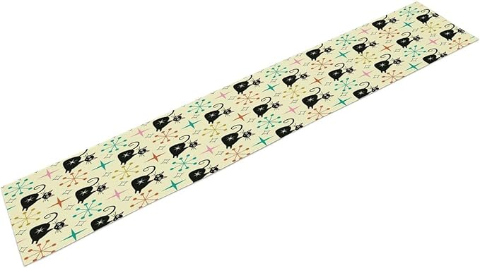 Mid Cat Table Runner, Vintage Black Cat and Atomic Stars 1950s 1960s Abstract Geometric Space Pattern Table Decoration for Home Kitchen Restaurant 13x90 Inches