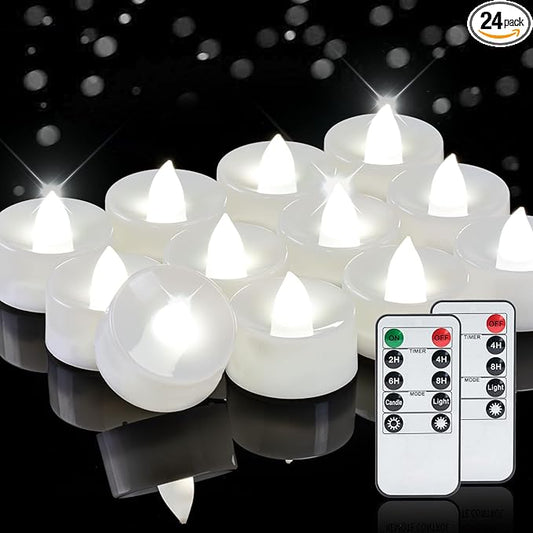 Homemory 24pcs Flameless LED Tea Lights with Remote & Timer, 400+Hours Realistic Flickering Battery Candles for Seasonal, Tabletop, and Centerpieces Decor