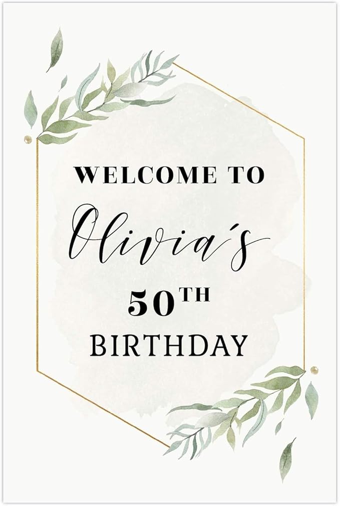 Andaz Press Personalized Extra Large Birthday Easel Board Party Sign, 12x18-inch, Modern Black, Gold with Green Leaves Florals, Welcome to Olivia's 50th Birthday, 1-Pack, Custom Name Age
