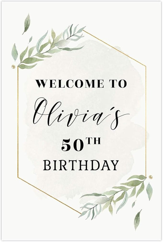 Andaz Press Personalized Extra Large Birthday Easel Board Party Sign, 12x18-inch, Modern Black, Gold with Green Leaves Florals, Welcome to Olivia's 50th Birthday, 1-Pack, Custom Name Age