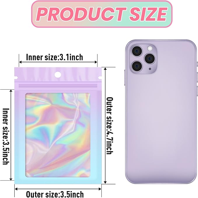 Funfery 100 Pack Gradient Holographic Bags,Mylar Resealable Bags with Zipper,Clear Window Packaging Pouch,Smell Proof Bag for Food Storage,Sample Jewelry Baggies(3.5×4.7in,Purple Blue)
