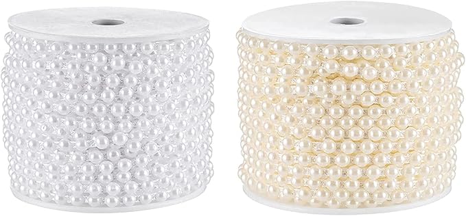 Half-Round Pearl Bead Garland String 27 Yards, 6MM Flat Pearl Beaded Spool Roll Crafts for Wedding Party Decoration(White)