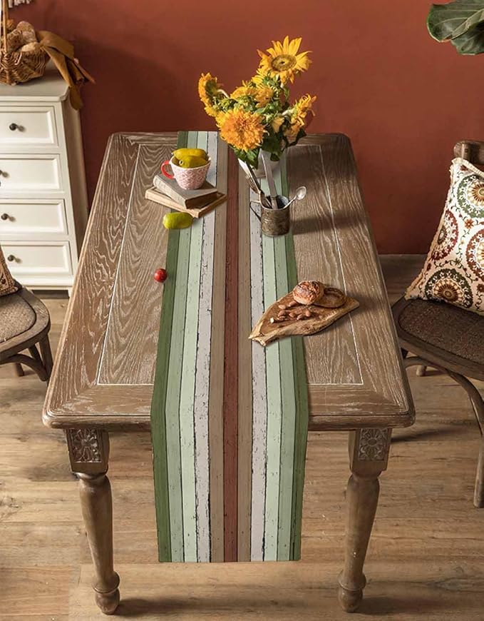 Sage Green Wooden Cotton Linen Table Runner for Dining Kitchen, Wedding Outdoor Party Tablerunners Decoration, Vintage Country Retro Distressed Grain Dresser Scarf Coffee Tablecloth Runners 13''x36''